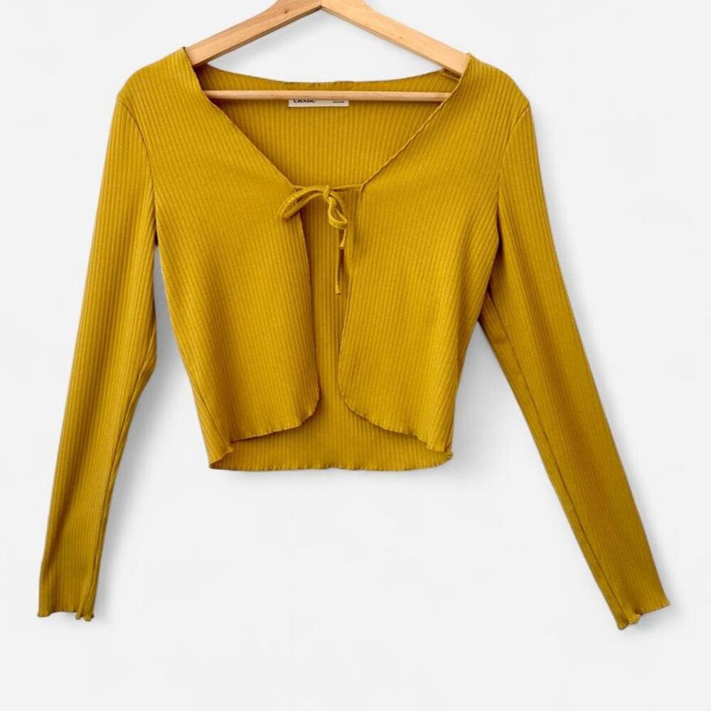 $138 Elodie Mustard Yellow Ribbed Cropped Tie Front Cardigan- Size Small